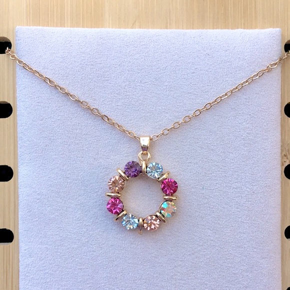 Rose, Champagne, Amethyst +Aurora Borealis Gold Crystal Circle Pendant Necklace - Picture 3 of 6